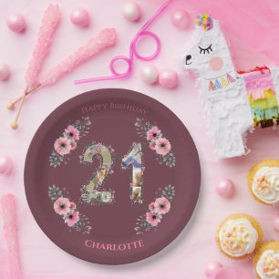 Assiettes En Carton Gros 21ème anniversaire Photo Collage Fille Fleur 