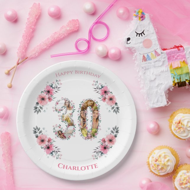 Assiettes En Carton Gros 30e anniversaire Photo Collage Rose Fleur Bla (Fête)