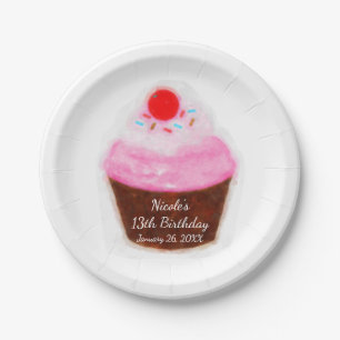 Assiettes En Carton Grosse Cupcake & Fête à l'aquarelle de cerise