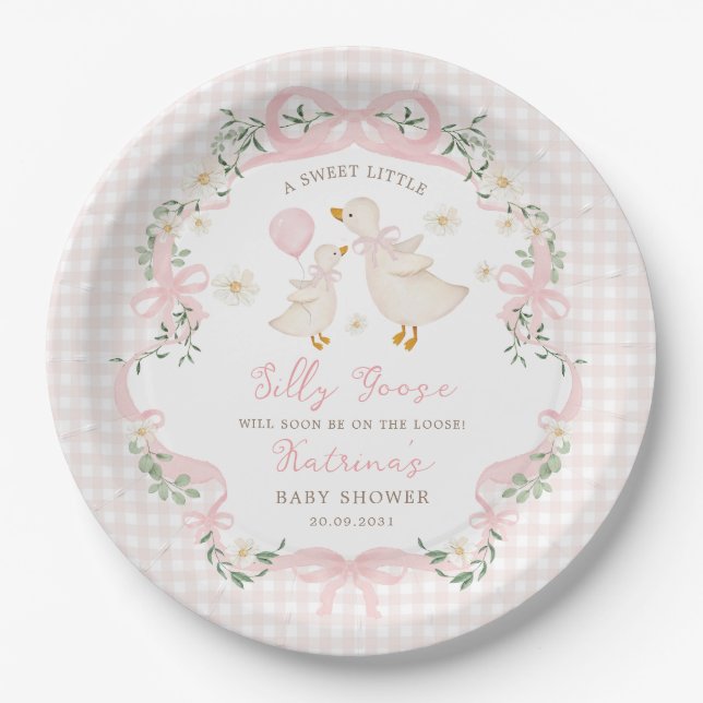 Assiettes En Carton Grosse poule rose En vichy Baby shower fille (Devant)