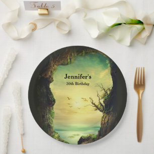 Assiettes En Carton Grotte surplombant une mer tropicale Photo Anniver