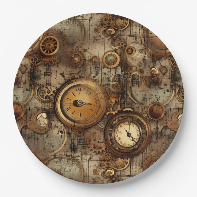 Assiettes En Carton Grunge Rustic Steampunk Horloge (3) (Devant)