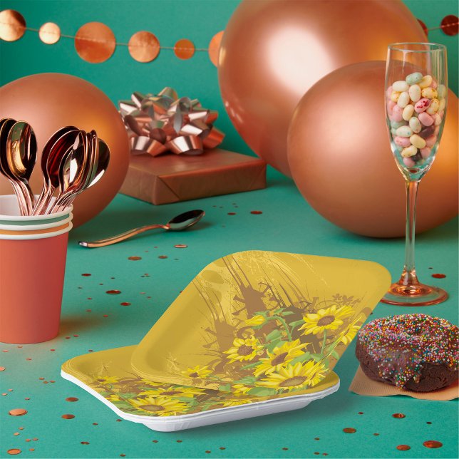 Assiettes En Carton Grunge Tournesol Art Bold Rustique Jaune Floral (Créateur téléchargé)