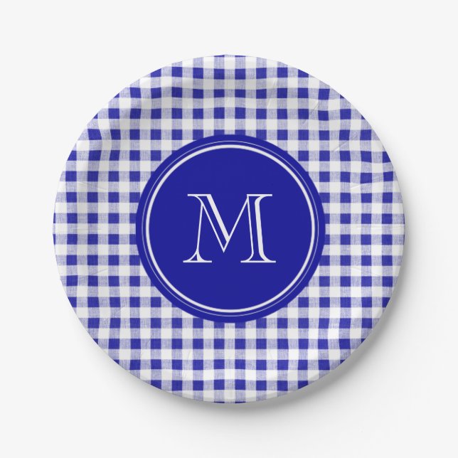Assiettes En Carton Guingan de bleu marine et de blanc, votre (Devant)