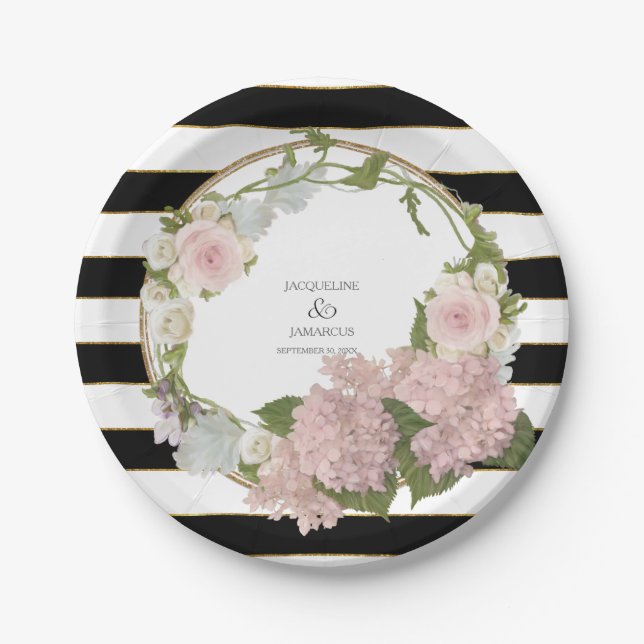 Assiettes En Carton Guirlande florale d'hortensia rayé large peinte à (Devant)