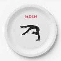 Gymnastics paper plates with personalized name.