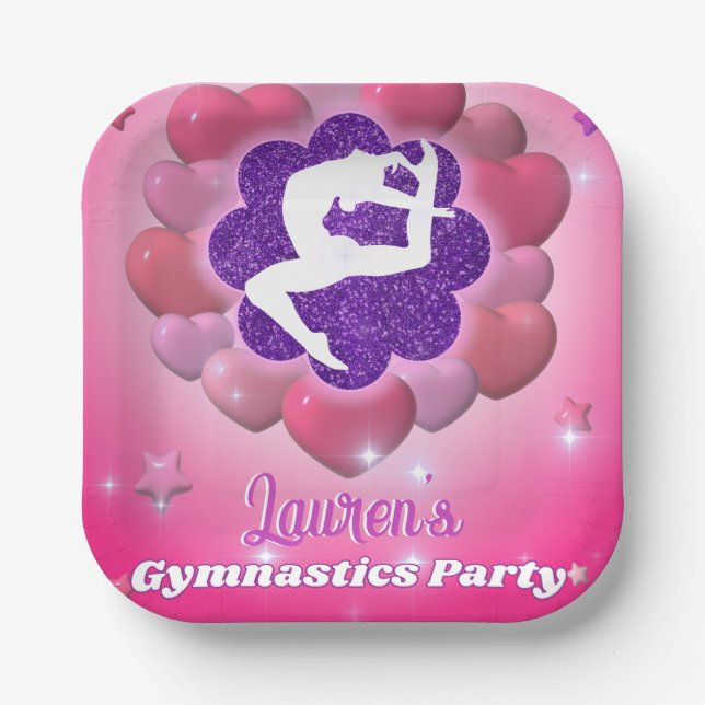 Assiettes En Carton Gymnastique Anniversaire Soirée rose violet étoile (Recto)