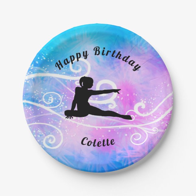 Assiettes En Carton Gymnastique Joyeux Anniversaire Personnalisé Swirl (Devant)
