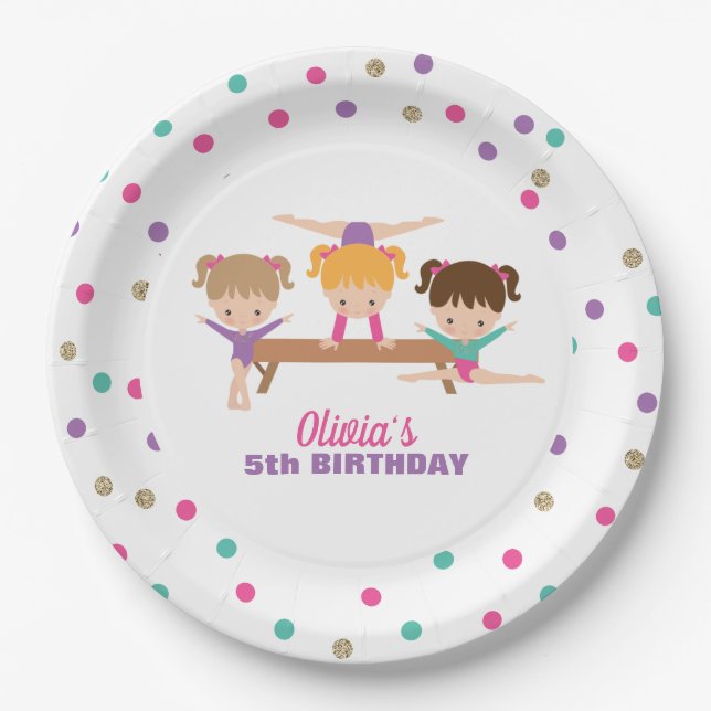 Assiettes En Carton Gymnastique rose violet turquoise fille Anniversai (Devant)