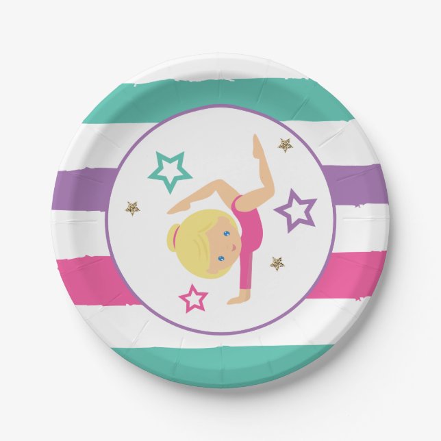 Assiettes En Carton Gymnastique rose violet turquoise fille Anniversai (Devant)