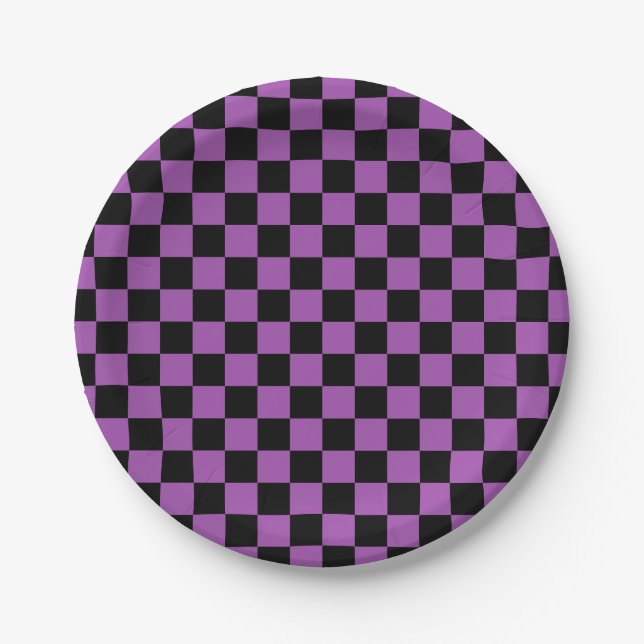 Assiettes En Carton Halloween À damiers violet et noir Motif chèque (Devant)