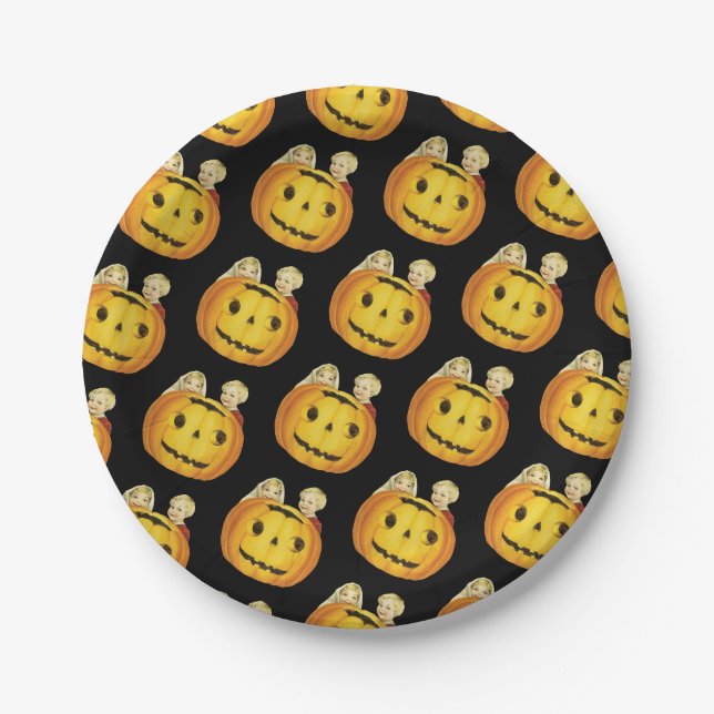 Assiettes En Carton Halloween à l'ancienne, Citrouille avec enfants (Devant)