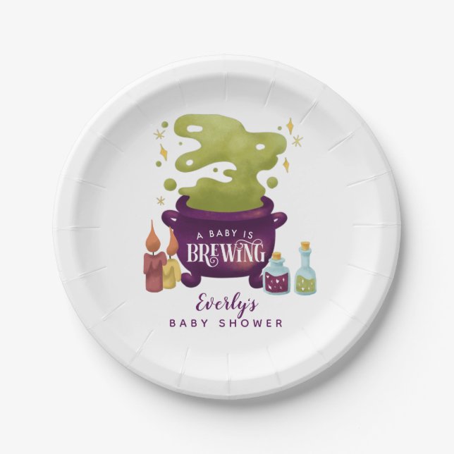Assiettes En Carton Halloween Baby Is Brewing Witch Baby Shower (Devant)