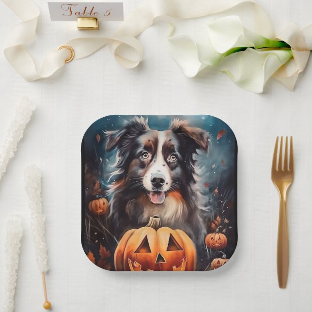 Assiettes En Carton Halloween Berger Australien Avec La Peur Citrouill (Mariage)