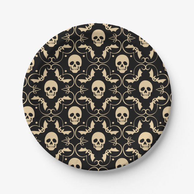 Assiettes En Carton Halloween Black & Cream Skuls & Bats Party (Devant)