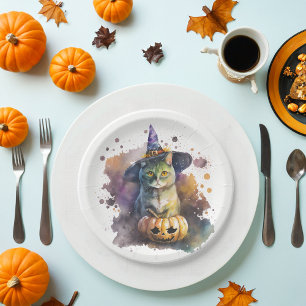 Assiettes En Carton Halloween Chat aquarelle