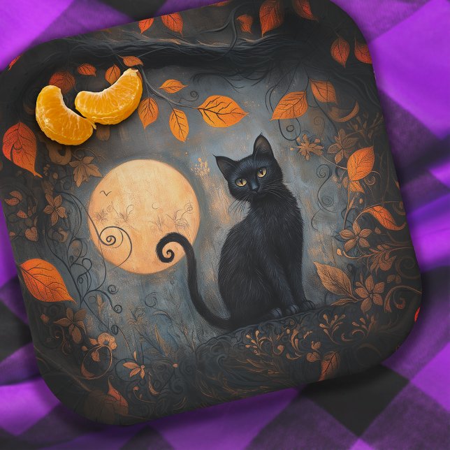 Assiettes En Carton Halloween Chat noir Ornate Moody Pleine lune (Halloween Black Cat Ornate Moody Full Moon Paper Plates)