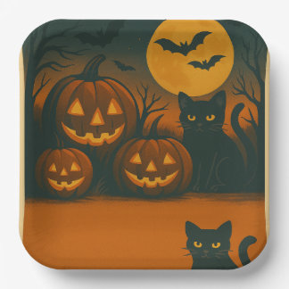 Assiettes En Carton Halloween Chat noir & Plaques Citrouilles -