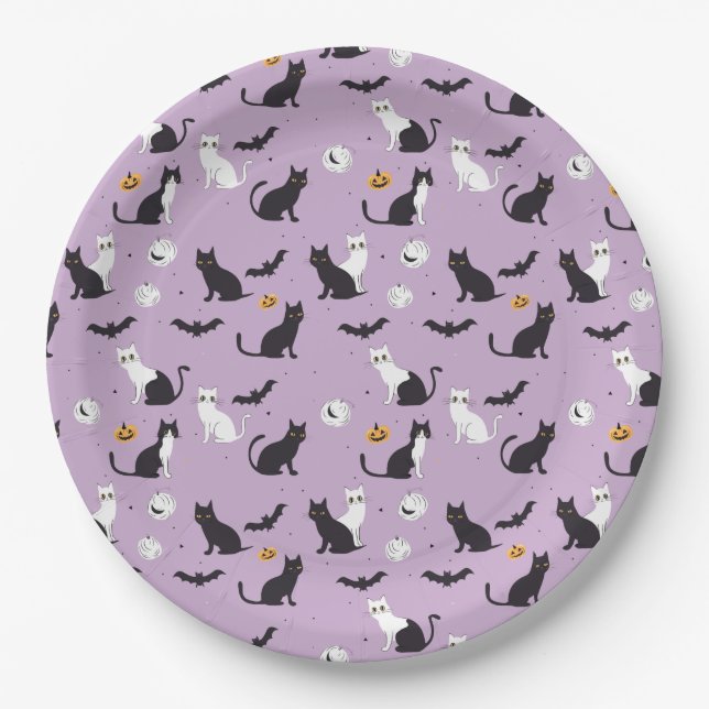 Assiettes En Carton Halloween chat violet (Devant)