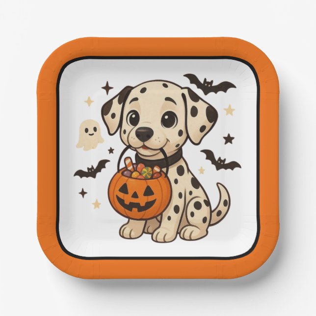 Assiettes En Carton Halloween Chien Dalmatien Trick ou traitement (Recto)