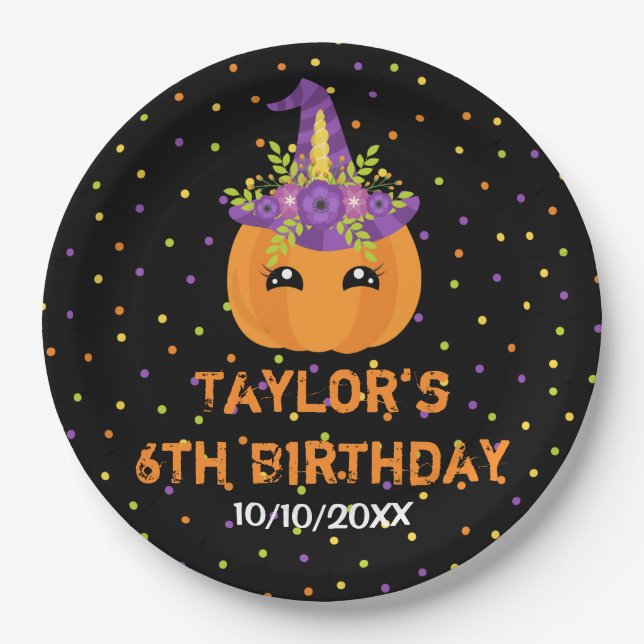 Assiettes En Carton Halloween Citrouille Anniversaire Papier noir et o (Devant)