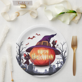 Assiettes En Carton Halloween Citrouille, Chats et sorcière Ha
