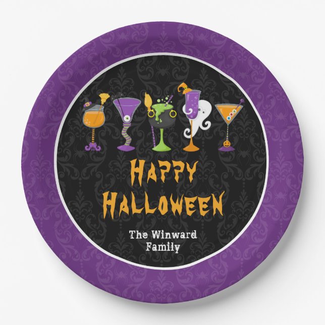 Assiettes En Carton Halloween Cocktails and Costumes Party Purple (Devant)