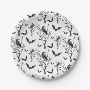Assiettes En Carton Halloween Corbeaux chauves-souris noir et blanc