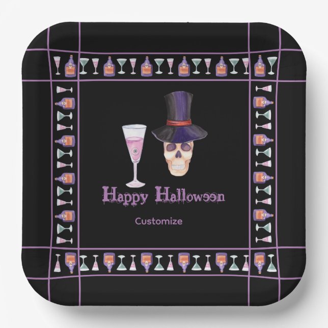 Assiettes En Carton Halloween Crâne avec pots Plaques de papier (Recto)