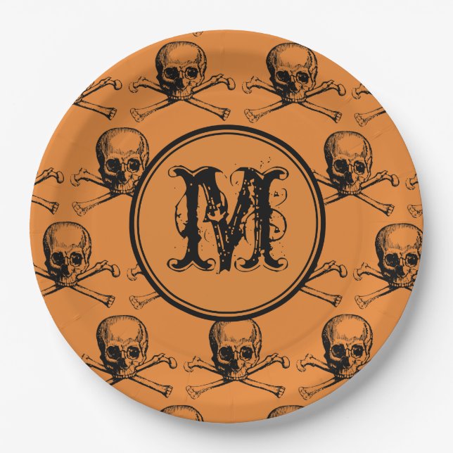 Assiettes En Carton Halloween crâne orange Monogramme personnalisé (Devant)