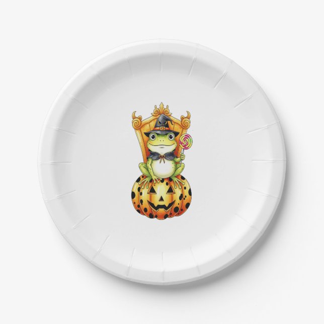 Assiettes En Carton Halloween Cute Frog sur Citrouille (Devant)
