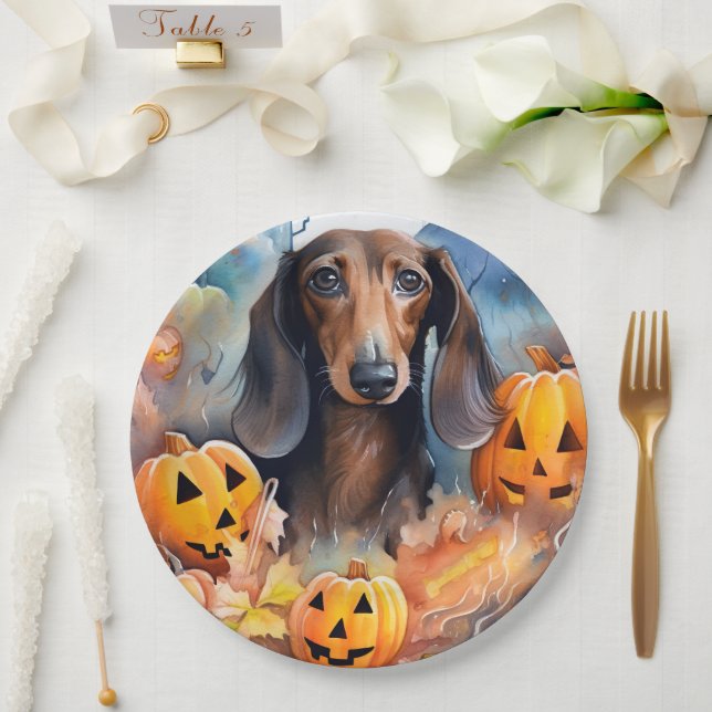 Assiettes En Carton Halloween Dachshund Avec La Peur Citrouille (Mariage)