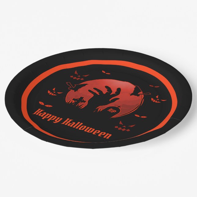 Assiettes En Carton Halloween de la lune de cimetière (Angle)