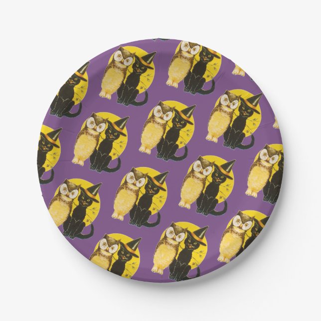Assiettes En Carton Halloween démodé, chat noir & hibou (Devant)