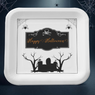 Assiettes En Carton Halloween du cimetière   Blanc