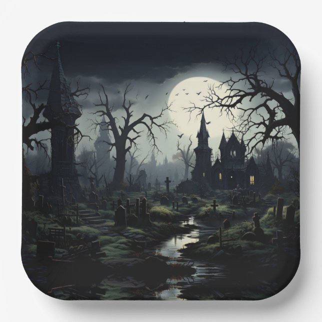 Assiettes En Carton Halloween du manoir de sorcières Ghosts (Recto)