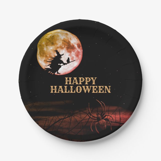 Assiettes En Carton Halloween fête Black Night Pleine lune effrayant (Devant)