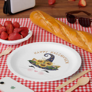 Assiettes En Carton Halloween florale en or Kitty Face