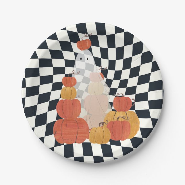 Assiettes En Carton Halloween Ghost Citrouille À damiers (Devant)