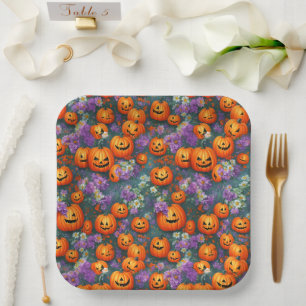 Assiettes En Carton Halloween Jack-o'-lanternes Et Fleurs Violettes