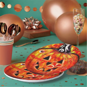 Assiettes En Carton Halloween lunaire Jack-O-Lantern Abstrait Orange