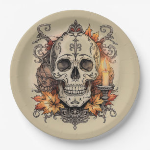 Assiettes En Carton Halloween, motif crâne, Calavera à la bougie