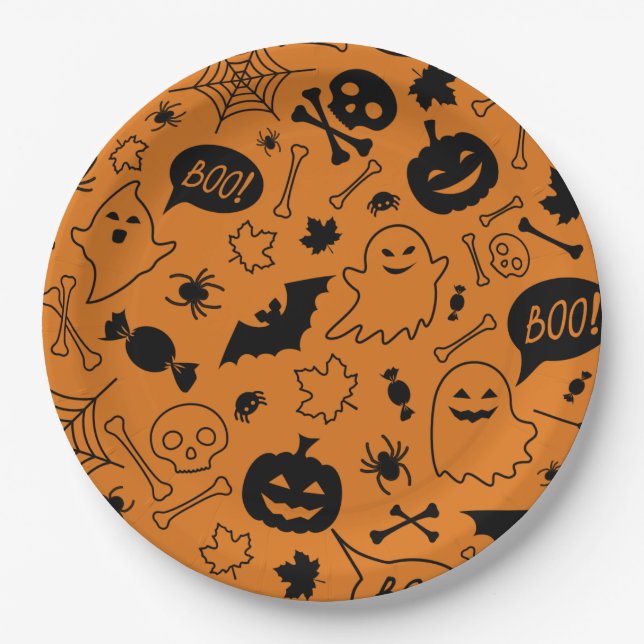 Assiettes En Carton Halloween Motif d'Halloween orange et noir (Devant)