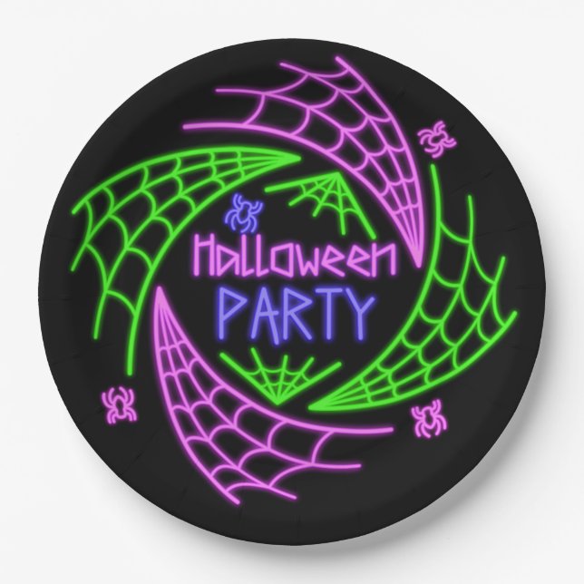 Assiettes En Carton Halloween Neon Glow Look Spider Web Party 9" (Devant)