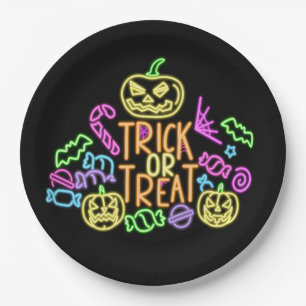 Assiettes En Carton Halloween Neon Look Trick Treat Candy Party 9"