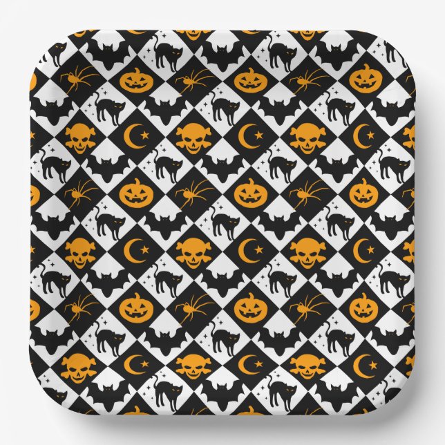 Assiettes En Carton Halloween noir blanc Orange arlequin Motif (Recto)