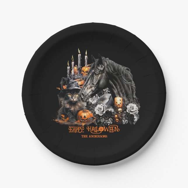 Assiettes En Carton Halloween noir Cheval noir Chat éffrayant (Devant)