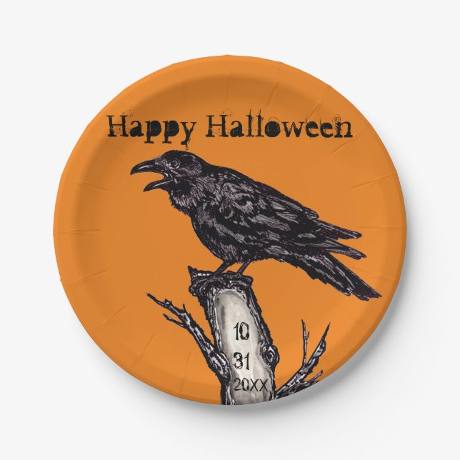 Assiettes En Carton Halloween noir orange corbeau gothique Date (Devant)