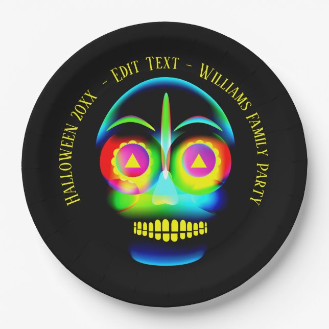 Assiettes En Carton Halloween Nom Année Neon Look bleu clair crâne 9" (Devant)