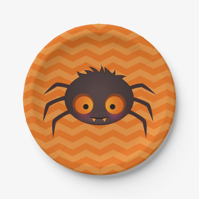 Assiettes En Carton Halloween Orange Chevron Cute Spider Design (Devant)